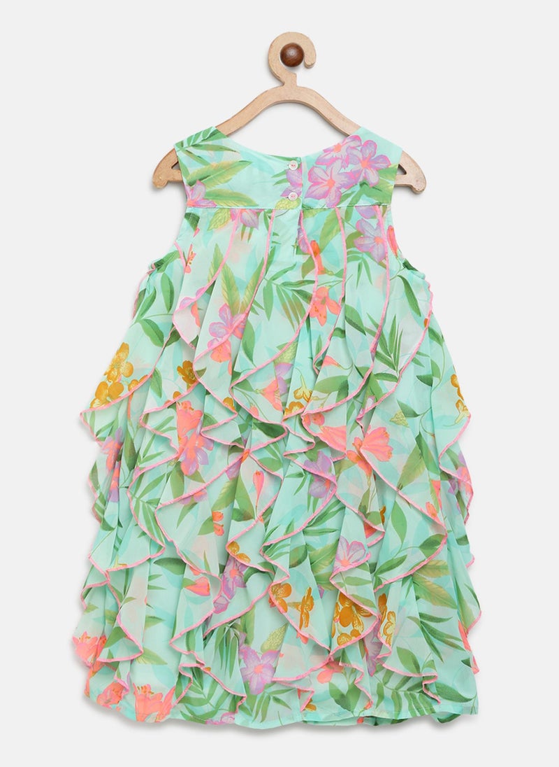 Nautinati Girls' Georgette All-over Floral Applique & Print Ruffled A-Line Dress - Image 3